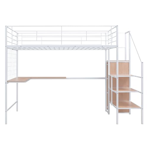 Image of Bellemave Full Size Loft Bed with Desk and Wardrobe and Storage Stairs, Loft Beds for Adults, Kids, Teens Metal, White