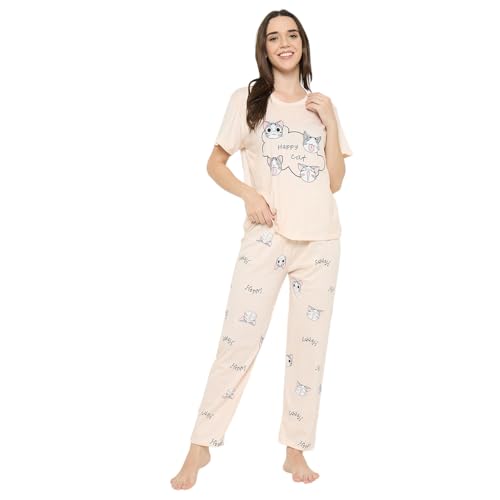 Image of CAMEY Women's Printed Pyjama Set, Short Sleeve T-Shirt and Trousers, Women Nightsuit, Loungewear Sets