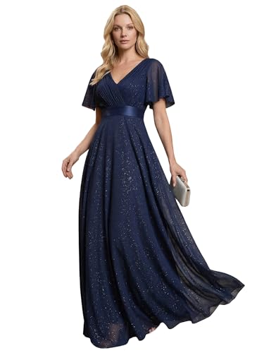 Image of Ever-Pretty Women's Summer Glitter Formal Dresses Evening Gown V Neck Short Sleeves Floor Length Mother of Bride Dress 50159