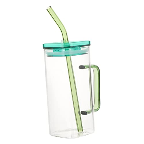 HOLIDYOYO 1 Set Glass with Lid Coffee Mugs with Handle Square Bottle Clear Coffee Cup Coffee Mugs with Lid Spill Proof Straw Sippy Cup Clear Cups Straws Glass Cup with Straw Green