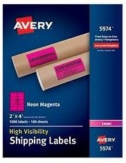 Avery 5974 Neon Shipping Label, Laser, 2 x 4, Neon Magenta, 1000/Box
