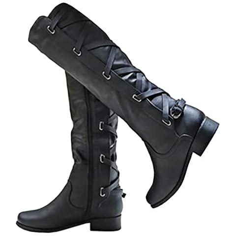 mikarka Back Strappy Knee High Boots Women, Zipper Low Chunky Heel Womens Boots Winter Motorcycle Riding Tall Boots Flats Shoes Cover