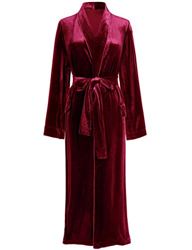 PRODESIGN Peignoir Long Femme Robe de Chambre Longue en Velours Doux Couleur Unie Nuisette en Velours Confortable (Rouge vineux, M) Cover