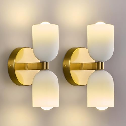 Image of Gold Wall Sconces Set of Two Modern LED Bedside Reading Wall Light Fixture with Glass Wall Lamp for Bedroom Living Room Dining Room Reading Room Hallway(2-Light)