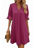 Cicy Bell Vestido de verano para mujer, cuello en V, con volantes, media manga, largo hasta la rodilla, vestido informal, monocromático, rojo rosado, M