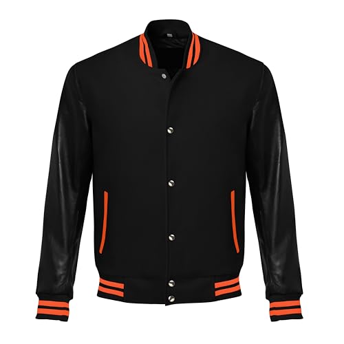 Image of Red And Black Letterman Jacket Men - Mens Black Varsity Letterman High School Baseball Bomber Jacket
