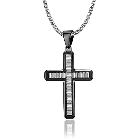 Starchenie Stainless Steel Jesus Christ Crucifix Black Cross Pendant Necklace Cross Necklace for Men Father, Round Box Chain 60CM Cover
