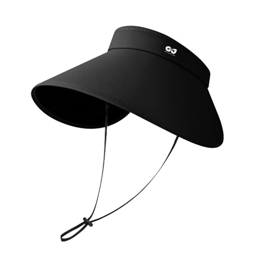 [ZVCXOE] サンバイザー レディース UVカット キャップ つば広 小顔効果 帽子 紫外線対策 吸汗速乾 折りたたみ あごストラップ 飛ばない 日焼け防止 サイズ調整 軽量 旅行 ビーチ ゴルフ スポーツ 自転車 男女兼用 ブラック
