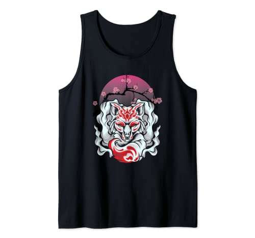 Kitsune Fox Japanese Nine Tailed Fox Cherry Blossom Flowers Camiseta sin Mangas