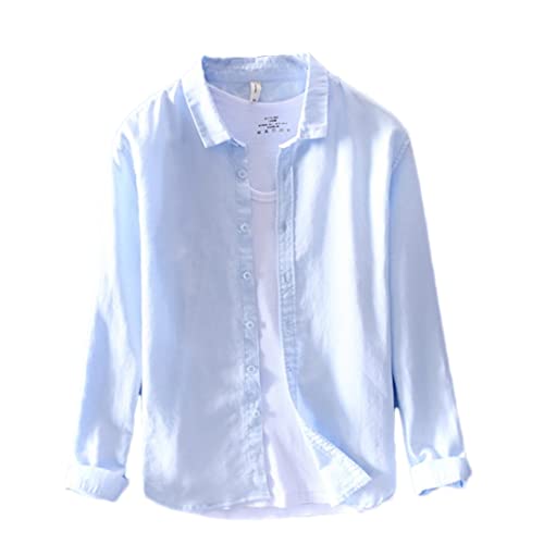 Chemise en coton et lin pour homme Disimlarl bleu ciel taille L texturée et respirante