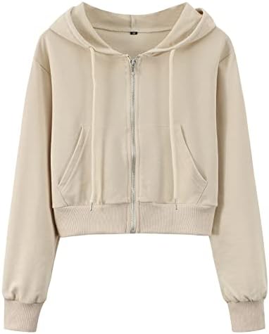 Yimoon Women's Casual Workout Long Sleeve Crop Tops Zip Up Hoodies Sweatshirts(LightKhaki-M)
