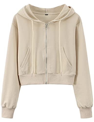 Yimoon Zip Up Hoodie Women Cropped Casual Sweatshirts Workout Long Sleeve Drawstring Hooded Jacket Crop Tops(LightKhaki-M)