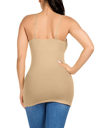 Image of Long Cotton Camisole Tank Tops for Women | Basic Braless Layering Tops with Adjustable Spaghetti Straps