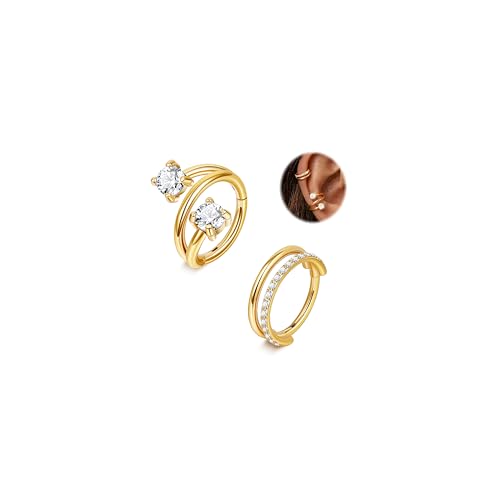 AFSITNIG 2PCS 16G Cartilage Double Hoop Helix Conch Piercing Earrings for Women Surgical Steel CZ Helix Hoop Earring Hypoallergenic Hinged Stacked Clicker Daith Rook Piercing Jewelry 8/10mm