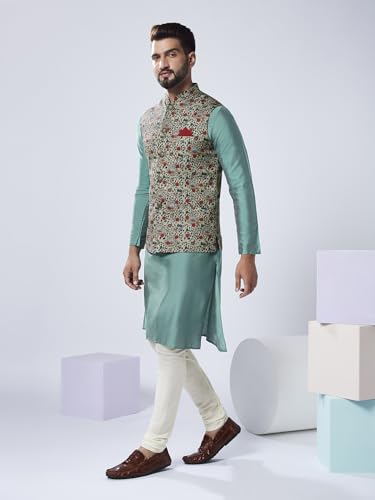 Image of KISAH Men Printed Kurta Jacket Set, Full Sleaves, Knee Length, Straight, Regular Fit, Mandarin Collar Ethnic Wear