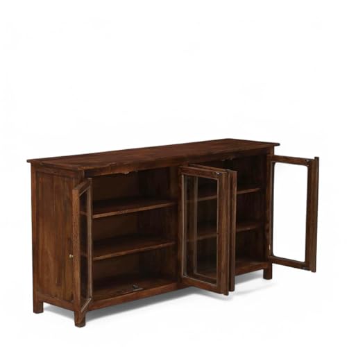 Image of Solid Wood Madrid 4-Door Glass Sideboard Cabinet | Crockery | Kitchen Cabinet | Finish - Scratch Resistant Tubaq
