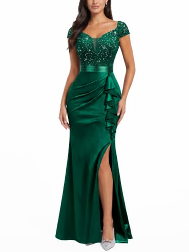 Image of Miusol Women's Vintage V-Neck Slim Ruffle Split Evening Formal Maxi Dress