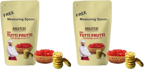 Image of BOGATCHI Red Tutti Frutti for Decorations, Sprinkles for Cakes and Ice-Creams, Red Tutti Frutti, Delicious and Tasty, 200g with Free Measuring Spoon (Pack of 2)