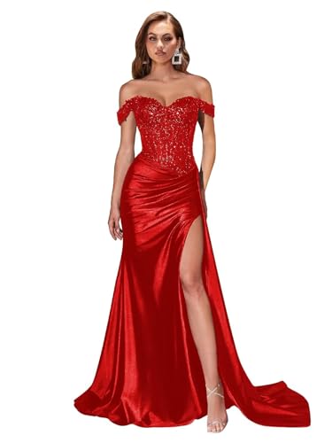 Women's Off The Shoulder Prom Dress with Slit Sparkly Satin Lace Applique Mermaid Formal Evening Gown