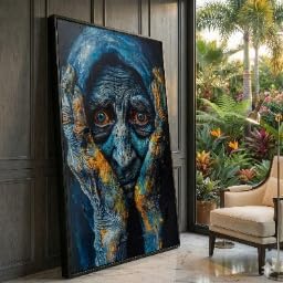 Peinture détaillée et émouvante d'un visage de personne âgée sur toile 30x50cm