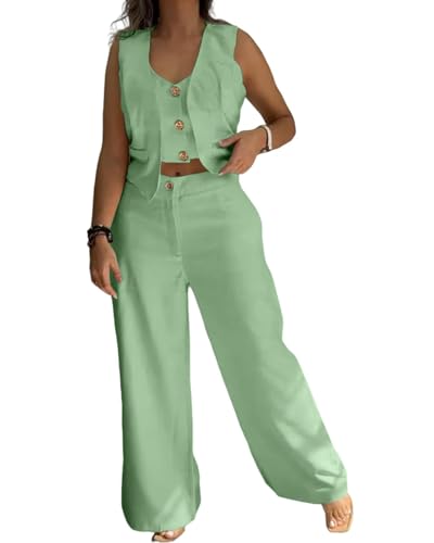 CHICME Women's Summer Two Piece Outfits V Neck Metal Button