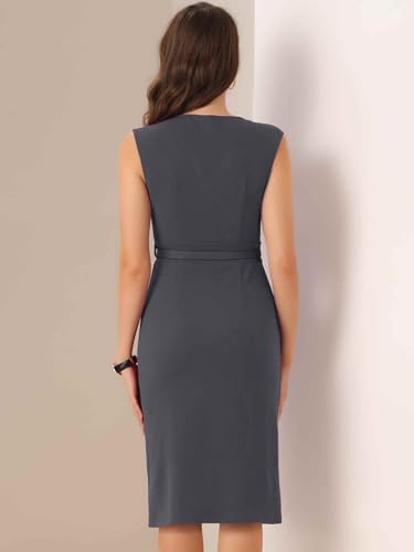 Image of Allegra K Sheath Dress for Women's Wrap V Neck Business Office Belt Sleeveless Pencil Dress