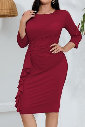 Image of Plus Size Dresses for Curvy Women 3 /4 Sleeve Bodycon Fit Ruffle Midi Pencil Dress
