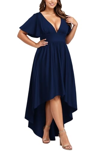 Image of Elegant Dresses Formal Evening Cocktail Long Maxi Wedding Party Dress Sexy V Neck Ruffle Sleeve Hi Low Flowy Gowns