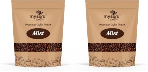 Image of MYSURU COFFEE Premium Whole Roasted Beans [250g - MIST] | Pure Arabica - 100% | Cafe Blend Medium Roast Fresh Single Origin Coffee (Pack of 2)