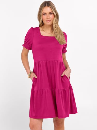 Image of ANRABESS Women Summer Square Neck Puff Short Sleeve Mini Dress 2026 Casual Flowy Sundress Beach Vacation Clothes with Pockets