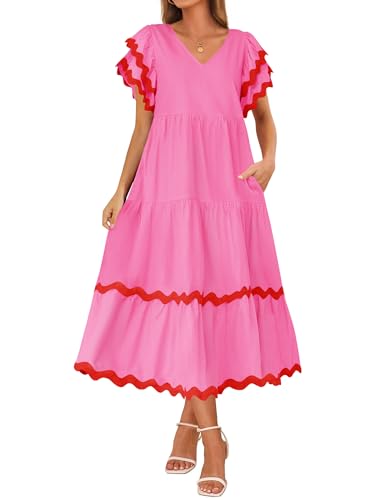 ZESICA Womens 2025 Summer Casual Midi Dresses V Neck Flutter Short Sleeve Ruffle Tiered A Line Flowy Beach Long Dress,Rose,Medium