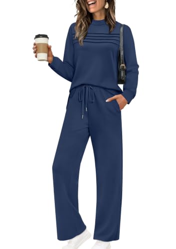 Image of WIHOLL Two Piece Sets for Women Fall Travel Vacation Outfits 2026 Long Sleeve Lounge Sets Side Slit Wide Leg Pants XS-3XL