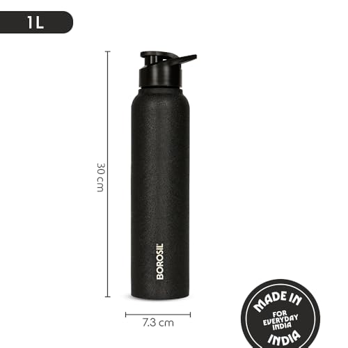 Image of Borosil 1 L Cosmo Black Stainless Steel Water Bottle | ISI Certified Made in India Single Wall, Wide Mouth, Leakproof | Powder Coated, Fridge Safe | 1 Year Warranty