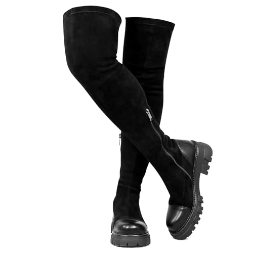 Image of CouieCuies Black Thigh High Boots For Women Platform Over The Knee High Boots Lug Sole Comfortable Stretch Boots 6-11