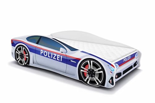 ACMA Autobett Polizei 160x80 cm - Kinderbett Auto im Polizeiwagen Design mit Matratze und Lattenrost, Jugendbett mit Rausfallschutz, Modell Polizei 3, belastbar bis 150 kg