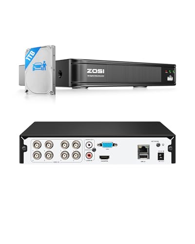 ZOSI H.265+ 5MP 3K Lite 8 Channel CCTV DVR Recorder, AI Human Vehicle Detection, Alert Push, Hybrid Capability 4-in-1(Analog/AHD/TVI/CVI) Full 1080p HD Surveillance DVR for Security Camera (1TB HDD)
