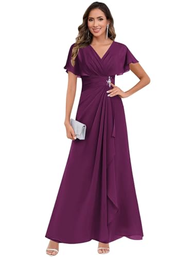 V Neck Chiffon Mother of The Bride Dresses for Women Pleated Long A-Line Formal Wedding Guest Evening Dress