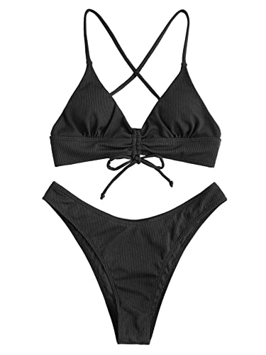 ZAFUL Women's Sexy Brazilian Triangle String Bikini Set Ribbed Lace Up Two Piece Swimsuit Padded High Cut Cinched Bathing Suit Black S