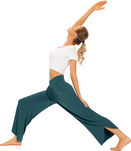 Image of TARSE Women's Wide Leg Yoga Pants Cross High Waist Flowy Split with Pockets | Comfy Lightweight Stretch, Flare Hem Cropped, Loose Dance Pants, Travel & Lounge, Everyday Casual Wear