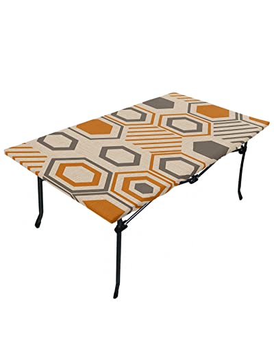 Jolunifun Geometric Tablecloth Fitted Table Cover for 6ft Tables - Waterproof Wipeable Elastic Table Cloth for Outdoor Picnic Camping Dining Party, Modern Abstract Orange Grey Farmhouse Burlap 32