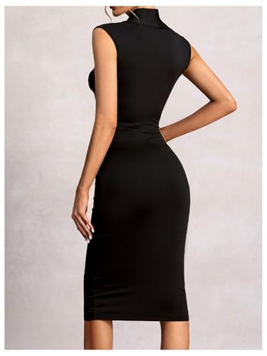 Image of Women's V Neck Midi Dress Sleeveless Pencil Cocktail Party Ruched Bodycon Dresses