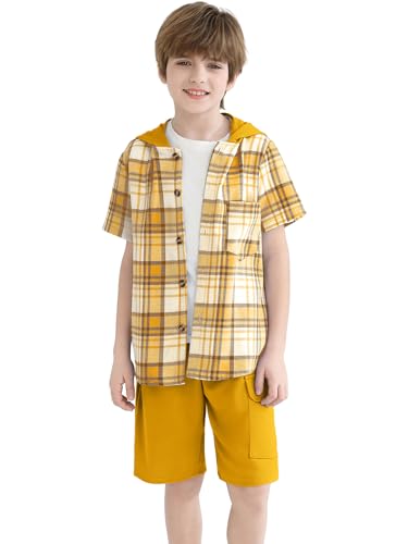 Image of Boys Clothes Shorts Sets Plaid Short Sleeve Hooded Button Shirt and Jogger Shorts for Kids Summer Outfits