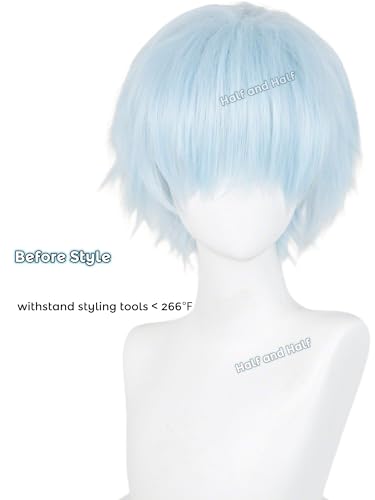 Image of Half and Half Short Light Blue Anime Cosplay Wig with Bangs for Men Sky Blue Male Game Wigs White Blue Spiky Layered Wigs for Women Unisex Halloween Party Costumes
