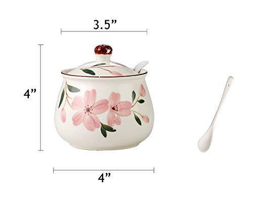 Ceramic Japanese Hand Painted Flower Sugar Bowl Seasoning Jar with Lid Spoon - Image 3