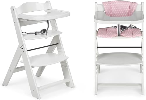 ms Trona para bebé de Madera Full de   Evolutiva  Silla Alta, Ergonómica, Regulable, Segura, Blanco/Rosa