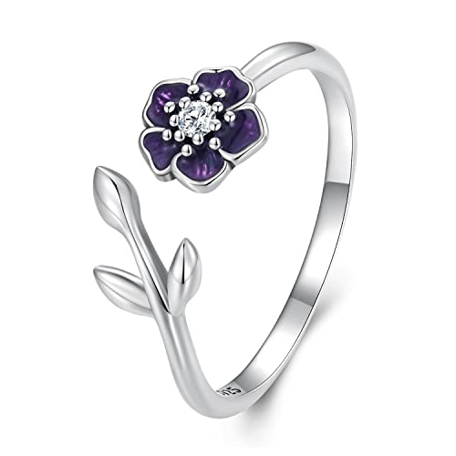 WOSTU 925 Sterling Silver Purple Flowers Open Rings Romantic Enamel Adjustable Rings Cubic Zirconia Leaves Stackable Ring Promise Ring For Women