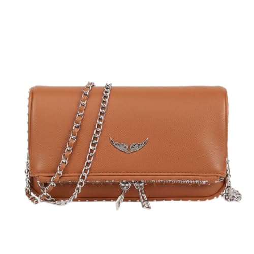 ALWY Bolsa Clutch Zadig & Inspired Transversal Alça Corrente Prata Rock Chic Moda Casual Versátil (Caramelo)