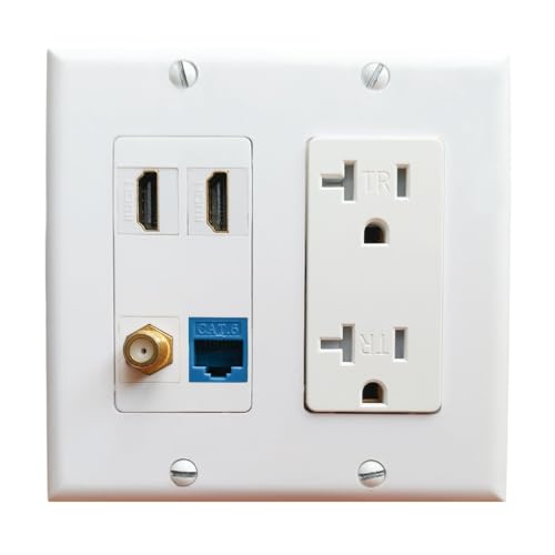 Enchufe de 20A con placa de pared HDMI y cable coaxial más toma Ethernet CAT6 para hogar