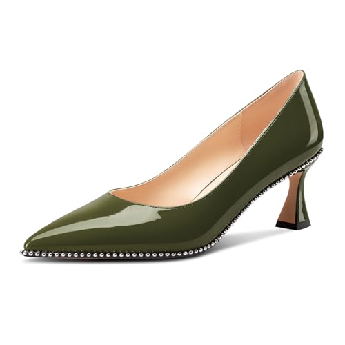 Image of TNYNFBEB Womens Kitten Heel Pointed Toe Pumps Slip-on Sliver Beaded Prom Wedding Dress Basic Classic Patent Leather Summer 2.6 Inches Heels