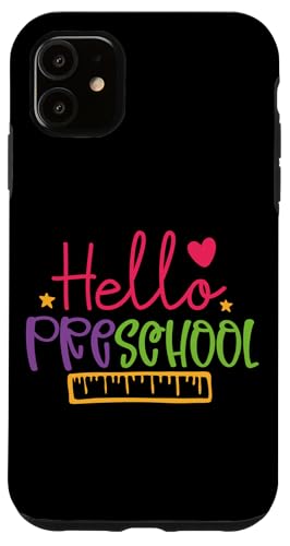 Carcasa para iPhone 11 Regla Hello Preschool con forma de corazón y estrellas con colores vibrantes